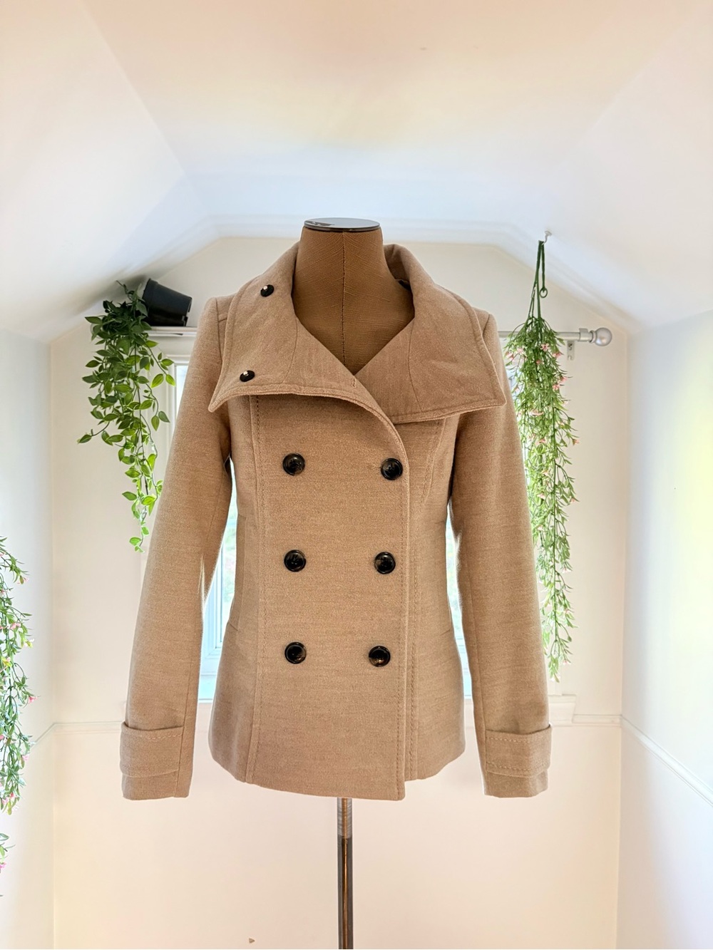 H&M Tan Double-Breasted Pea Coat with Wide Collar